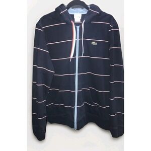 Lacoste L!VE Hoodie Sweater Full Zip Men's size 7 XXL Navy Blue Red White Stripe